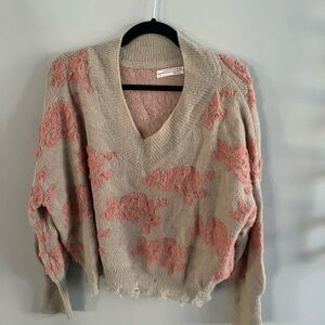 Anthropologie Beige & Pink Textured V-Neck Women's Sweater